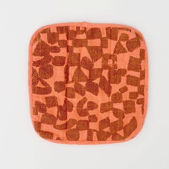 Linen-Cotton Potholder | Check | Amber & Electric Hot Coral