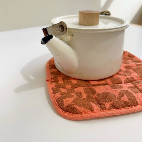 Linen-Cotton Potholder | Check | Amber & Electric Hot Coral